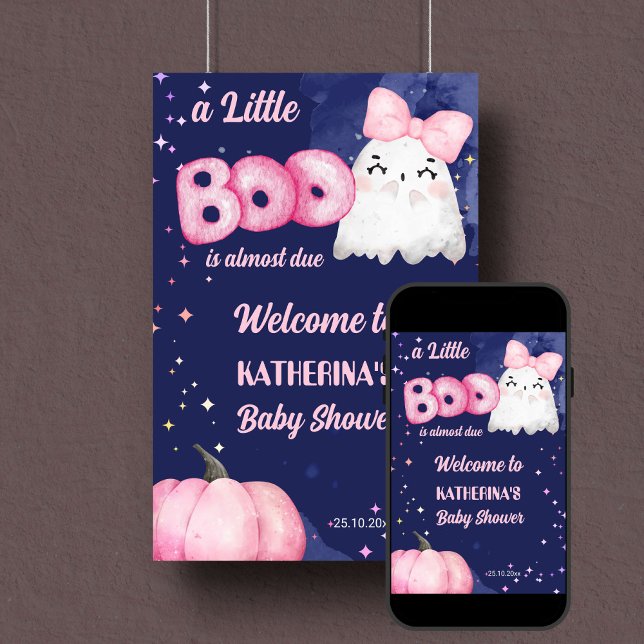 Póster Pequeño boo chica de Halloween signo de bienvenida (Little Boo Halloween baby shower welcome sign template poster digital download cute girl ghost)
