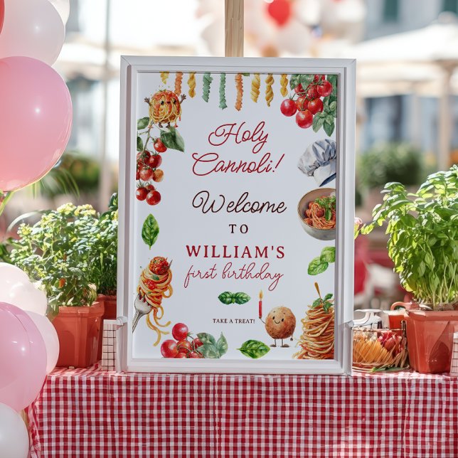 Póster Pequeño cannoli sagrado primera bienvenida de cump (Holy Cannoli little meatball 1st birthday welcome Poster)