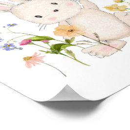 Póster Pequeño conejito con globo rosa y flores silvestre