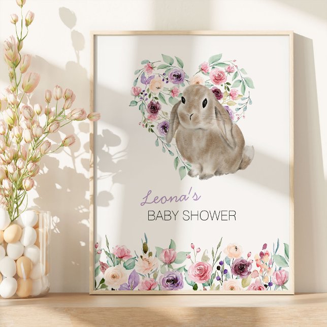 Póster Pequeño conejito Floral Amor Bienvenida (Floral Rabbit Welcome Sign from my Little Bunny & Little Lamb Baby Shower collection)