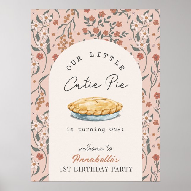 Póster Pequeño Cutie Pie Floral Rosa Primer cumpleaños Bi (Frente)