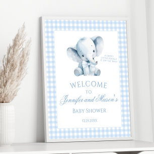 Póster Pequeño elefante azul lindo Gingham Baby Boy Showe