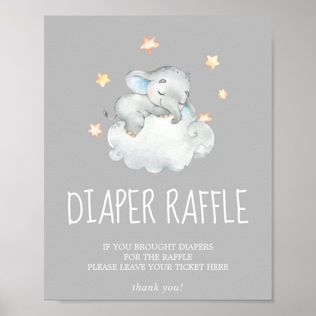 Póster Pequeño elefante gris Baby Shower Diaper Raffle (Frente)