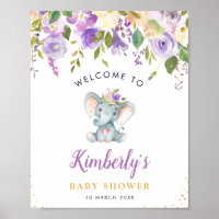 Pequeño elefante morado floral ducha bebé bienveni