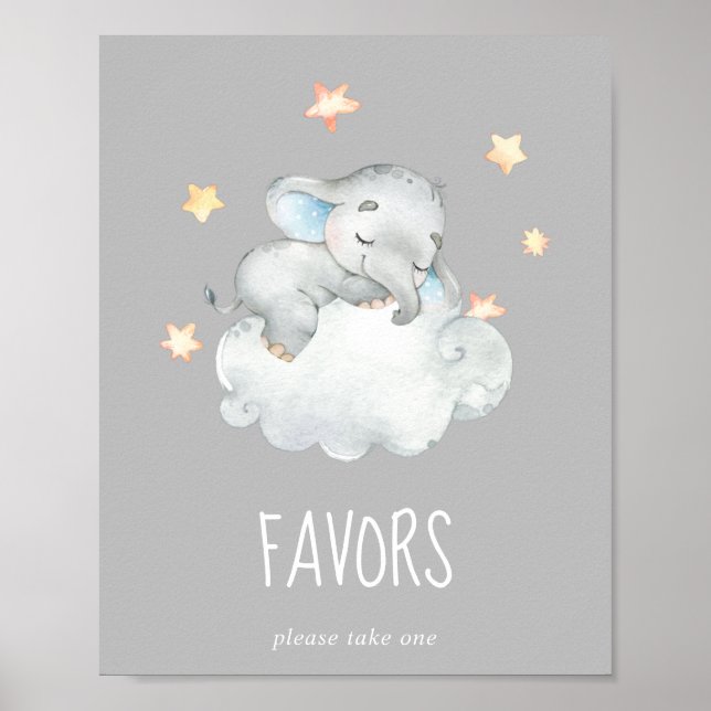 Póster Pequeño elefante | Rótulo Gris Baby Shower Favorec (Frente)