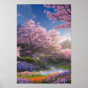 Póster Pequeño estanque envuelto en luces florales
