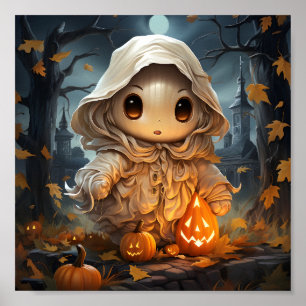 Póster Pequeño Fantasma De Halloween Con Calabazas Naranj
