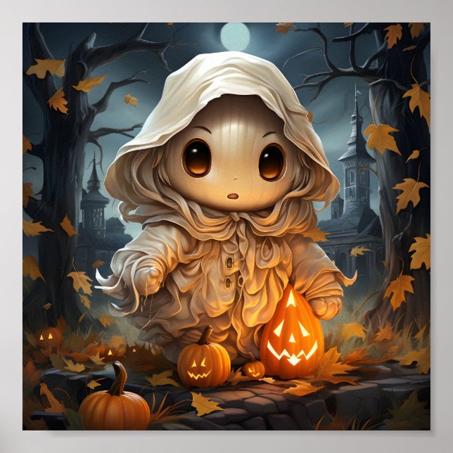 Póster Pequeño Fantasma De Halloween Con Calabazas Naranj (Frente)