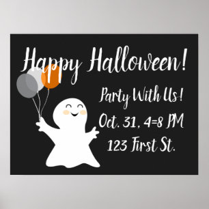 Póster Pequeño fantasma de Halloween con globos