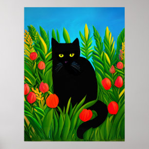Póster Pequeño gato negro en un jardín de tulipanes