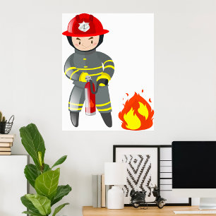 Póster Pequeño héroe bombero apagando el fuego