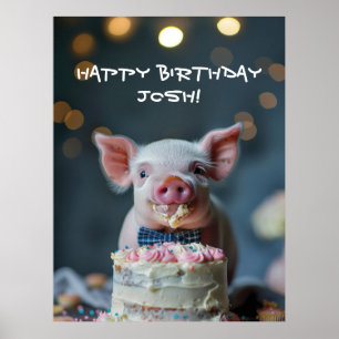 Póster Pequeño lechón masticando en una torta de cumpleañ