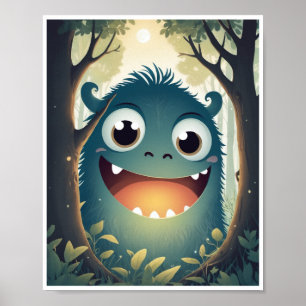 Póster Pequeño monstruo riéndose en la pared de bosques