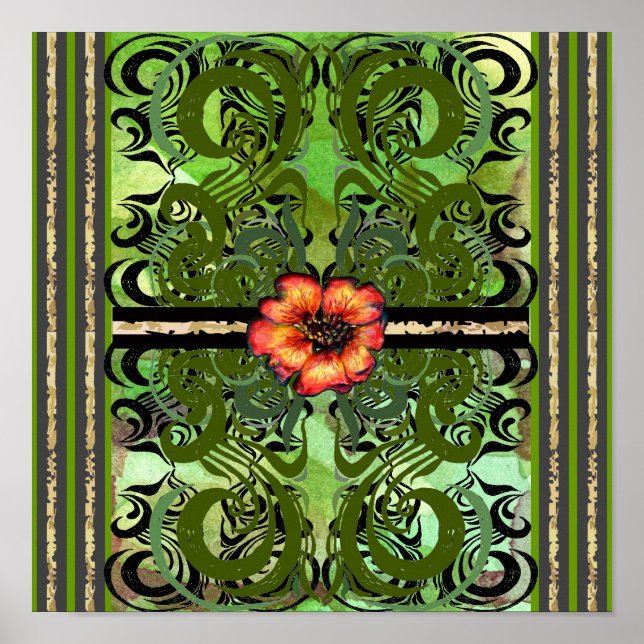 Póster Pequeño patrón de flores rojas y damascos verdes (Frente)