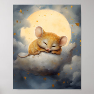 Póster Pequeño ratón lindo durmiendo en una nube