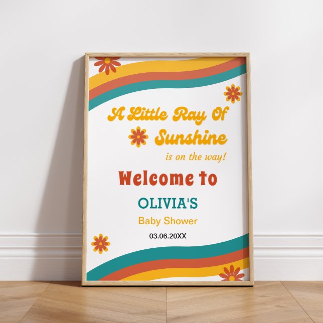 Póster Pequeño rayo de luz solar retro bienvenida Baby Sh (A Little Ray of Sunshine Retro Baby Shower Welcome Sign )
