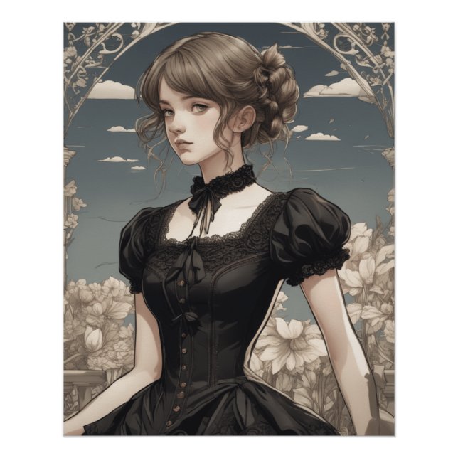 Póster Pequeño vestido negro Fantasy AI Art - Anime vinta (Anverso)