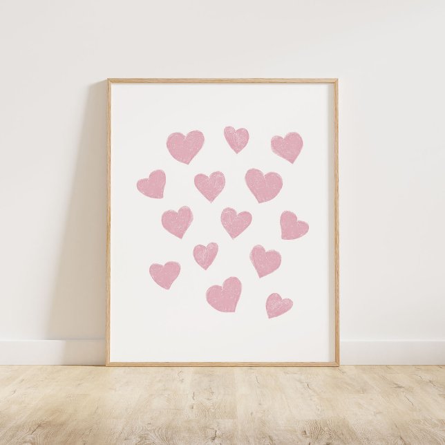 Póster Pequeños corazones rosados (Chalky brush style small tossed hearts in pink)