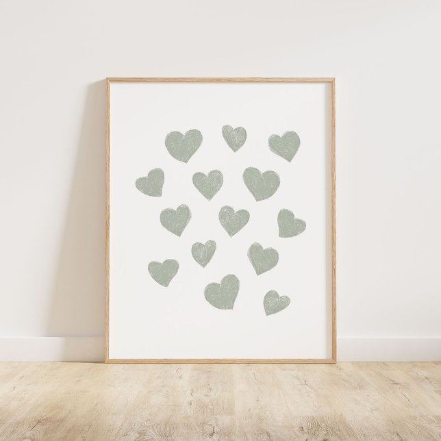 Póster Pequeños corazones verdes sabrosos (Chalky brush style small tossed hearts in sage green)