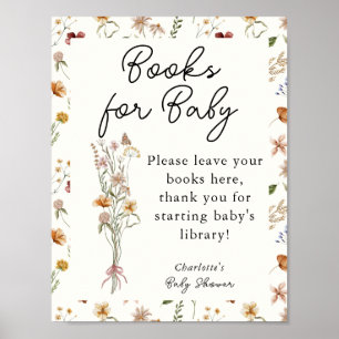 Póster Pequeños libros Baby Shower de marfil de flores si