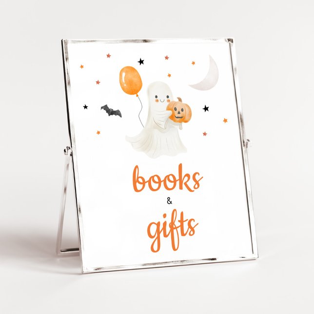 Póster Pequeños libros de Baby Shower de Halloween y rega (A Little Boo Baby Shower Books and Gifts Sign)