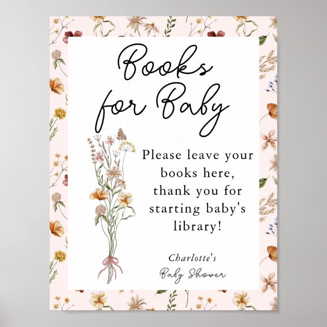 Póster Pequeños libros de Baby Shower rosados con flores  (Frente)