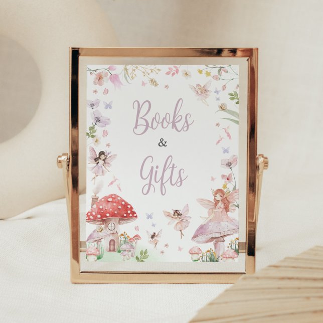 Póster Pequeños libros de Baby Shower y regalos emocionan (Whimsical Little Fairy Baby Shower Books and Gifts Sign)