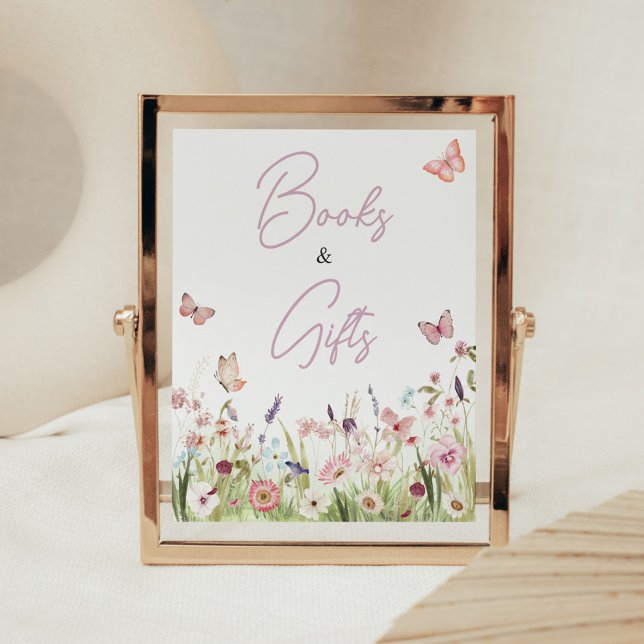 Póster Pequeños libros de flores silvestres y regalos (Wildflower Little Butterfly Baby Shower Books and Gifts Sign)