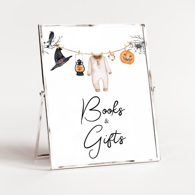 Póster Pequeños libros y regalos de Baby Shower de Hallow (Halloween Baby Clothes Baby Shower Books and Gifts Sign)