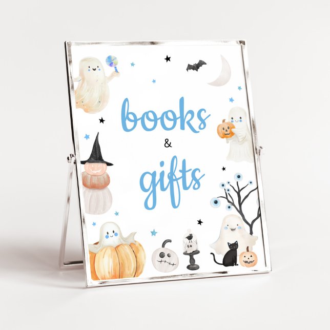 Póster Pequeños libros y regalos de Boy Halloween (A Little Boo Baby Shower Books and Gifts Sign)