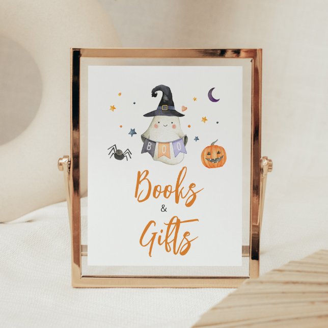 Póster Pequeños libros y regalos de naranja de Halloween (Little Boo Baby Shower Books and Gifts Sign)