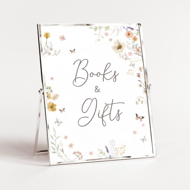 Póster Pequeños libros y regalos de primavera botánica de (Botanical Spring Little Wildflower Baby Shower Books and Gifts Sign)