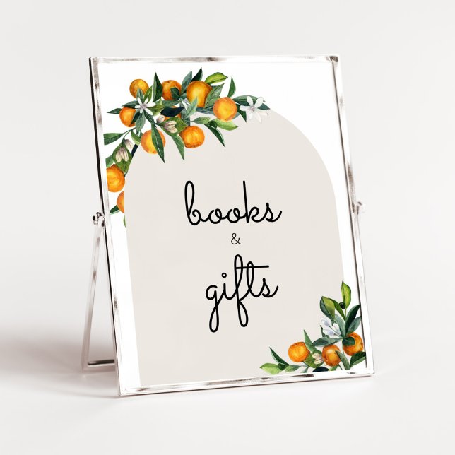 Póster Pequeños Naranjas de Citrus Cutie Libros y Regalos (Gender Neutral Citrus Baby Shower Books and Gifts Sign)