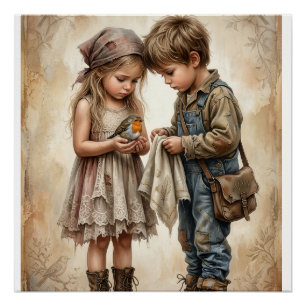 Póster Pequeños niños de pie juntos con ropa antigua