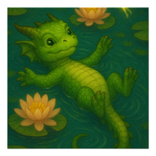 Póster Pequeños ojos de cachorro de dragón verde bebé nad