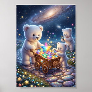 Póster Pequeños Osos Blancos Carrito de Regalo Mágico Noc