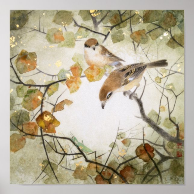 Póster Pequeños Shrikes con cabeza de toro (Frente)