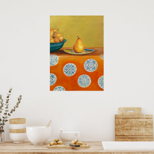 Póster Peras amarillas sobre manteles naranjas