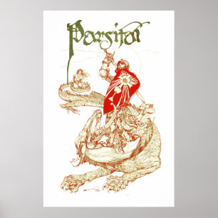 PÓSTER PERCEVAL LUCHANDO CONTRA DRAGÓN, BÚSQUEDA DEL SANT