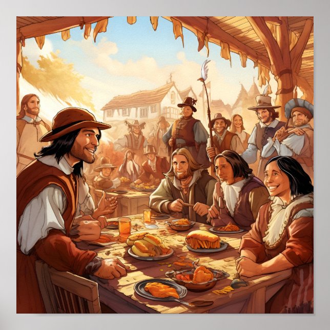 Póster Peregrinos compartiendo la comida de Acción de Gra (Frente)