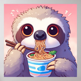 Póster Perezoso adorable comiendo Ramen