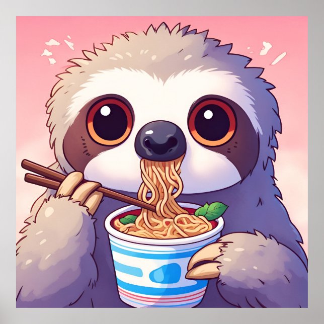 Póster Perezoso adorable comiendo Ramen (Frente)