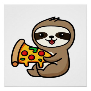 Póster Perezoso Chibi Kawaii Divertido con Pizza � Dibujo