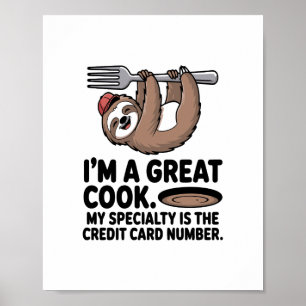 Póster Perezoso divertido cocinero colgado de un tenedor
