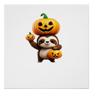 Póster Perezoso lindo con calabaza Halloween dibujo anima