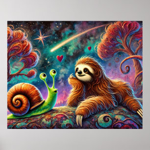Póster Perezoso y caracol caprichosos bajo el cielo cósmi