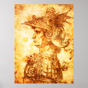 Póster PERFIL DE GUERRERO EN CASCO DE DRAGÓN Dibujo Sepia