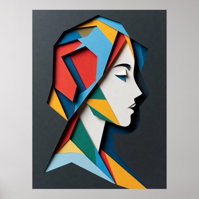 Póster Perfil de mujer recortado en papel geométrico (Frente)