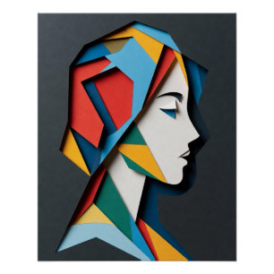 Póster Perfil de mujer recortado en papel geométrico