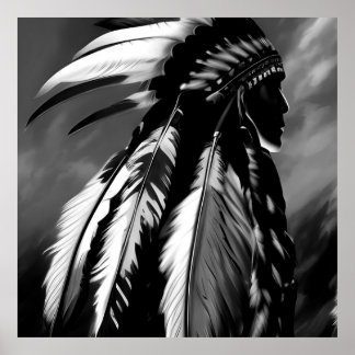 Póster Perfil del hombre indio nativo de blanco negro